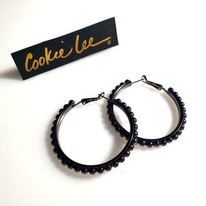 Cookie Lee Black Beaded Hoop Earrings Round Bead Design Modern Look Lightweight